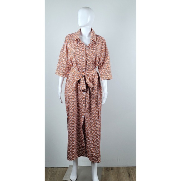 Japna Dresses & Skirts - Geometric Print Maxi Shirt Dress Women OS Orange Blue Excellent Belted - XL